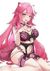 1girl absurdres animal_ears animal_print black_bow black_garter_straps blush bow bra breasts cat_ears cat_tail commentary fangs fingernails frilled_thigh_strap garter_straps hair_intakes heart heart_hands highres hololive hololive_english jape_(ja_pehhhh) large_breasts leopard_print leopard_print_bra leopard_print_panties long_hair looking_at_viewer multicolored_hair nail_polish navel open_mouth panther_ears panther_girl panther_tail panties pink_bra pink_hair pink_nails pink_panties raora_panthera simple_background sitting smile solo stomach streaked_hair tail teeth thigh_bow thigh_strap thighs two-tone_hair underwear upper_teeth_only virtual_youtuber white_background white_hair yellow_eyes