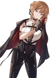 1girl asymmetrical_gloves black_choker black_gloves black_pants black_ribbon blonde_hair blush braid braided_bun breast_strap breasts chest_strap choker collarbone collared_shirt elbow_gloves evelyn_chevalier eyebrows_hidden_by_hair eyes_visible_through_hair fingerless_gloves gloves hair_bun hair_ornament hair_ribbon high-waist_pants highres jacket jacket_on_shoulders kanpyou_(hghgkenfany) large_breasts latex_pants light_smile long_hair long_ribbon looking_at_viewer multicolored_jacket open_clothes open_jacket pants purple_eyes red_jacket ribbon shirt sleeveless sleeveless_shirt solo standing teeth thigh_strap tight_clothes tight_pants uneven_gloves white_background white_shirt zenless_zone_zero