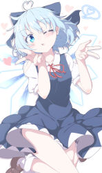 1girl ahoge ankle_socks blowing_kiss blue_bow blue_eyes blue_hair blush bow brown_shoes cirno cirno_day collarbone collared_shirt commentary_request do_(4-rt) double_v dress full_body hair_between_eyes hair_bow heart heart_ahoge highres ice ice_wings jumping light_blue_hair loafers looking_at_viewer loose_socks medium_hair neck_ribbon one_eye_closed open_mouth pinafore_dress puffy_sleeves red_ribbon ribbon shirt shoes short_dress short_sleeves simple_background sleeveless sleeveless_dress socks solo speech_bubble spoken_heart thighs touhou v w white_background white_shirt wings