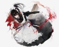 1girl apron black_dress black_hair blood blood_on_clothes dress frilled_apron frills full_body gloves hairband highres holding holding_sword holding_weapon juliet_sleeves limbus_company long_hair long_sleeves maid maid_headdress ootachi ponytail project_moon puffy_sleeves red_eyes ryoshu_(project_moon) simple_background solo sword taoer. weapon white_apron white_background white_gloves white_hairband wuthering_heights_(identity)_(project_moon)