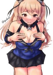 1girl absurdres agodashi bare_shoulders black_neckerchief black_sailor_collar black_skirt blue_shirt breast_conscious breasts brown_eyes brown_hair commentary_request cowboy_shot hair_ribbon hands_on_own_chest highres johnston_(kancolle) kantai_collection medium_breasts neckerchief one-hour_drawing_challenge pleated_skirt ribbon sailor_collar school_uniform serafuku shirt simple_background skirt solo star_ornament two_side_up white_background