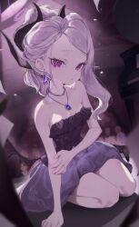 1girl absurdres apopo arm_support backlighting bare_shoulders black_horns blue_archive blurry breasts cleavage collarbone commentary_request curved_horns demon_girl demon_horns demon_wings depth_of_field dress dutch_angle earrings evening_gown eyelashes floating_earrings forehead frilled_dress frills full_body halo head_tilt highres hina_(blue_archive) hina_(dress)_(blue_archive) horns indoors jewelry korean_commentary loli long_hair looking_at_viewer low_wings multiple_horns necklace official_alternate_costume official_alternate_hairstyle parted_bangs pendant ponytail purple_dress purple_eyes sidelocks sitting slit_pupils small_breasts solo strapless strapless_dress tsurime wariza white_hair wings