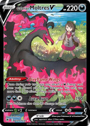 1girl artist_name backpack bag blue_sclera brown_bag brown_eyes brown_hair cable_knit card_(medium) character_name colored_sclera company_name copyright_name copyright_notice dress english_text fire flying galarian_form galarian_moltres gen_8_pokemon gloria_(pokemon) grass green_hat green_socks grey_jacket hat jacket legendary_pokemon long_sleeves nintendo official_art open_mouth outdoors pink_dress pokemon pokemon_(creature) pokemon_card pokemon_swsh pokemon_tcg pom_pom_(clothes) sasumata_jirou short_hair socks standing sweater_jacket tam_o&#039;_shanter third-party_source tongue trading_card water white_eyes