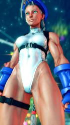 1girl 3d absurdres alternate_color alternate_skin_color antenna_hair bare_shoulders blonde_hair blue_eyes blue_gloves blue_hat braid breasts cammy_white clenched_hands covered_navel curvy dark_skin gloves groin hat highleg highleg_leotard highres leotard lips long_hair looking_to_the_side medium_breasts ryona screencap shiny_clothes sky solo street_fighter street_fighter_v thighs third-party_edit thong_leotard twin_braids very_long_hair white_leotard wide_hips