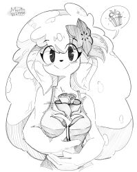 1girl animal_nose artist_name bare_shoulders big_hair blush body_fur box breasts closed_mouth cropped_torso female_focus flower furry furry_female gen_4_pokemon gift gift_box gracidea greyscale hair_flower hair_ornament happy highres holding holding_flower legendary_pokemon long_hair looking_at_viewer medium_breasts monochrome mysticwaffle mythical_pokemon nintendo own_hands_together personification pokemon pokemon_(creature) rose shaymin shirt signature simple_background sketch sleeveless sleeveless_shirt smile solo spaghetti_strap speech_bubble split_mouth spoken_object standing upper_body white_background wide-eyed