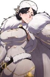 1girl alternate_hairstyle belt belt_buckle bleach bleach:_brave_souls breasts buckle cape christmas coat coat_dress dress fur-trimmed_cape fur-trimmed_coat fur-trimmed_jacket fur_collar fur_hat fur_trim grey_eyes hair_bun hair_ornament hat jacket jewelry large_breasts mature_female official_alternate_costume solo strapless thatamaan unohana_retsu ushanka white_background white_cape white_dress