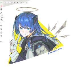 1girl :d arknights art_program_in_frame black_horns black_jacket blue_eyes blue_hair cnsmsoup cropped_torso detached_wings gloves grey_gloves grey_halo grin halo highres horns jacket long_sleeves looking_at_viewer medium_hair mostima_(arknights) open_mouth smile solo traditional_halo twitter_username unfinished v wings