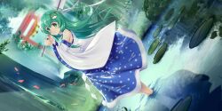 1girl bare_shoulders blue_skirt blush closed_mouth dutch_angle frog_hair_ornament gohei green_eyes grey_hair hair_ornament hair_tubes hands_up hataraki_kuma highres holding holding_gohei kochiya_sanae lily_pad long_hair looking_at_viewer looking_to_the_side non-web_source official_art outdoors reflection rope second-party_source shimenawa shirt skirt sleeveless sleeveless_shirt smile solo torii touhou touhou_lostword tree wading water white_shirt white_sleeves wide_sleeves