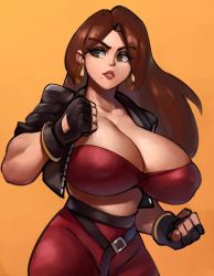 1girl streets_of_rage belt blaze_fielding breasts brown_eyes brown_hair building cleavage covered_erect_nipples earrings fighting_stance fingerless_gloves gloves highres hoop_earrings huge_breasts jacket jewelry large_breasts leather leather_jacket lipstick long_hair makeup midriff miniskirt navel red_skirt sega skirt solo streets_of_rage zako_(arvinry)