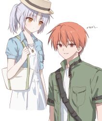 1boy 1girl angel_beats! blue_shirt blush brown_hat closed_mouth cowboy_shot dress expressionless eyes_visible_through_hair frilled_dress frills green_jacket hair_between_eyes hat highres jacket jewelry korean_text looking_at_viewer looking_down medium_hair official_alternate_costume open_clothes open_jacket open_shirt orange_eyes orange_hair otonashi_yuzuru parted_lips pendant ponytail saang2cm shirt short_hair smile tachibana_kanade translation_request upper_body white_dress white_hair white_shirt yellow_eyes