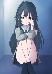 1girl absurdres black_hair black_skirt black_socks blue_shirt closed_mouth collared_shirt commentary_request convenient_leg crossed_legs dress_shirt gakuen_idolmaster green_eyes grey_jacket hair_between_eyes highres idolmaster indoors jacket knees_up long_hair long_sleeves looking_at_viewer mishima_ryo no_shoes open_clothes open_jacket plaid_clothes plaid_jacket pleated_skirt shirt sitting skirt socks solo thighs tsukimura_temari very_long_hair watch wristwatch