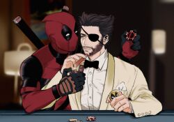 2boys beard black_bow black_bowtie black_gloves bodysuit bow bowtie brown_hair buttons casino cigar closed_mouth commentary deadpool deadpool_&amp;_wolverine deadpool_(series) english_commentary eyepatch facial_hair fire formal_clothes gloves highres holding holding_cigar holding_lighter holding_poker_chip jacket katana lighter looking_at_another male_focus marvel marvel_cinematic_universe multiple_boys poker_chip poker_table red_bodysuit red_mask shirt short_hair sleepyuncle1 suit superhero_costume sword table weapon weapon_on_back white_shirt wolverine_(x-men) x-men yaoi