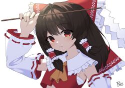 1girl armpit_crease ascot bow brown_hair chest_sarashi commentary_request detached_sleeves frills gohei hair_bow hair_tubes hakurei_reimu highres holding holding_gohei long_hair oonusa punidayo red_bow red_eyes ribbon sarashi short_hair signature solo touhou white_background wide_sleeves yellow_ascot