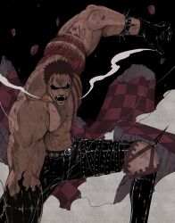 1boy abs arm_tattoo bake_ryori belt black_gloves black_pants bracelet bright_pupils charlotte_katakuri debris gloves highres jewelry knee_spikes leg_belt male_focus multiple_belts muscular muscular_male one_piece open_mouth pants pectorals short_hair smoke solo spiked_bracelet spikes studded_belt tattoo topless_male white_pupils