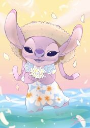Rule 34 | absurdres, angel (lilo &amp; stitch), antennae, blurry, depth of field, dress, falling petals, feet in water, floral print, flower, hat, highres, holding, holding flower, lilo &amp; stitch, looking at viewer, m ssk626, no humans, petals, pink fur, print dress, signature, solo, standing, stitch!, straw hat, wading, water, white flower