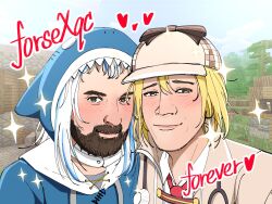 2boys animal_hood beard blonde_hair blue_hair blue_hoodie blush bottle_(bottle1234) brown_coat brown_eyes brown_hat coat collar collared_coat collared_shirt connected_beard cosplay day deerstalker drawstring emoticon english_text facial_hair fish_skeleton forsen full_beard gawr_gura gawr_gura_(1st_costume) gawr_gura_(cosplay) hat highres hololive hololive_english hood hoodie medium_hair minecraft multicolored_hair multiple_boys necktie nose_blush real_life red_necktie shark_hood shipping_(fandom) shirt skirt sparkle sparkling_aura stethoscope streaked_hair toggles tree upper_body virtual_youtuber watson_amelia watson_amelia_(1st_costume) watson_amelia_(cosplay) white_collar white_hair wing_collar xqc