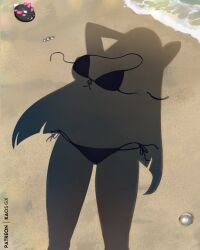 1girl alternate_breast_size beach bikini black_bikini breasts dressed_shadow_(meme) gen_7_pokemon implied_nudity kaos_art large_breasts long_hair lusamine_(pokemon) mature_female meme nintendo pokemon pokemon_(creature) pokemon_sm pov pyukumuku shadow swimsuit unworn_bikini unworn_bikini_bottom unworn_bikini_top unworn_clothes water