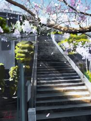 absurdres artist_name banishment blue_sky branch building cherry_blossoms commentary_request day falling_petals highres no_humans original outdoors petals railing scenery shade signature sky stairs sunlight tree