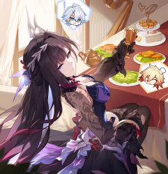 Rule 34 | !, 1girl, 2boys, absurdres, asymmetrical gloves, black gloves, black hair, black shrug, black thighhighs, blonde hair, blue eyes, blunt bangs, breasts, cake, cake slice, chalice, chef hat, chinese commentary, cleavage, closed mouth, commentary request, cup, curtains, dessert, dress, floating hair, food, from behind, from side, gloves, gradient hair, hair between eyes, hair ornament, harp, hat, head tilt, highres, holding, holding cup, honkai: star rail, honkai (series), hysilens (honkai: star rail), instrument, large breasts, long hair, long sleeves, looking at viewer, looking back, mismatched gloves, multicolored dress, multicolored hair, multiple boys, mydei (honkai: star rail), phainon (honkai: star rail), plate, print sleeves, purple dress, red gloves, see-through clothes, see-through sleeves, shrug (clothing), sidelocks, sitting, smile, solo focus, spoken character, steak, table, teapot, thighhighs, thighs, tiered tray, turning head, vegetable, very long hair, via shinan, white hair, window