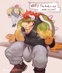 1boy bara black_tank_top bowser bulge chest_hair commentary english_commentary english_text facial_hair furry furry_male girthy_penis goatee highres horns kawaakumma large_bulge male_focus mario_(series) multiple_views muscular muscular_male nintendo pants penis red_hair reptile_boy running sitting solo speech_bubble spiked_shell sweat sweatpants tank_top variant_set wristband