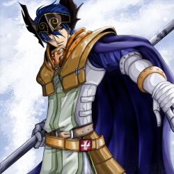 1boy armor belt black_wings blue_background blue_cape blue_hair blue_shirt breastplate brown_belt cape closed_mouth commentary_request cowboy_shot cross cross_print crusader_(ragnarok_online) feathered_wings gauntlets gluteal_fold hair_between_eyes head_wings holding holding_polearm holding_weapon long_bangs looking_at_viewer male_focus polearm ragnarok_online red_eyes shirt short_hair simpatiaein smile solo tabard weapon white_tabard wings