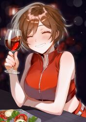 1girl absurdres alcohol benisaki blush breasts brown_hair closed_eyes commentary crop_top cup drinking_glass drunk eyelashes grin happy highres holding holding_cup meiko_(vocaloid) midriff nail_polish red_nails red_wine salad short_hair skirt sleeveless smile solo tomato tomato_slice upper_body vocaloid wine wine_glass
