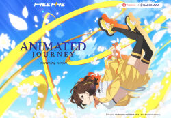 1girl absurdres black_choker black_thighhighs blue_sky brown_eyes brown_hair choker closed_mouth cloud cloudy_sky copyright_name copyright_notice crop_top flower free_fire from_side full_body highres incredibly_absurdres jacket kelly_(free_fire) logo long_sleeves midriff navel official_art open_clothes open_jacket petals pleated_skirt protected_link second-party_source shoes short_hair skirt sky smile sneakers solo thighhighs white_flower white_petals yellow_jacket yellow_shoes yellow_skirt