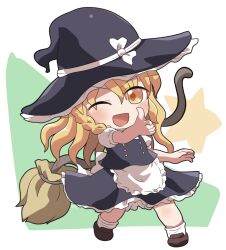 1girl ;d apron black_hat black_skirt black_vest blonde_hair blush braid brook_(one_piece) brown_shoes chibi chibi_only commentary_request frilled_apron frilled_hat frilled_skirt frills full_body green_background hat highres kirisame_marisa long_hair one_eye_closed open_mouth outstretched_arm rokugou_daisuke shirt shoes short_sleeves signature single_braid skirt skirt_set smile socks solo standing star_(symbol) touhou v-shaped_eyebrows vest waist_apron white_apron white_shirt white_socks witch_hat yellow_eyes