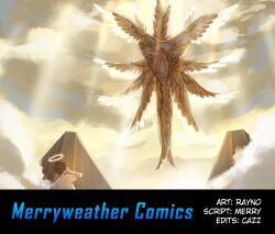 1boy 1other biblically_accurate_angel black_hair cloud english_text extra_eyes gate halo heaven highres merryweather messy_hair multiple_wings original rayno shirt sunlight white_shirt wings