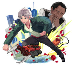 Rule 34 | 2boys, andou loid, beard stubble, black hair, black pants, black shoes, black vest, building, caesar kaiser emperor, clenched hands, closed eyes, commentary request, curtained hair, dark-skinned male, dark skin, facial hair, flower, green eyes, green jacket, grey hair, harmonica, highres, instrument, jacket, jewelry, jinzou konchuu kabutoborg vxv, kuroda (kuro yyy), male focus, multiple boys, music, open mouth, pants, petals, playing instrument, pouch, red flower, red petals, red rose, reflection, reflective water, ring, rose, rose petals, shirt, shoes, short hair, skyscraper, smile, stag beetle, standing, stubble, toy, toy car, vest, water, white shirt