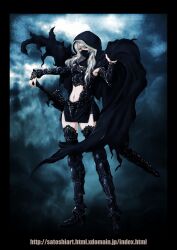 Rule 34 | 1girl, armor, boots, cloak, commentary request, fantasy, full body, grey hair, hood, hooded cloak, long hair, looking at viewer, mask, miniskirt, mouth mask, navel, original, skirt, solo, sword, thigh boots, thighhighs, weapon, yamada satoshi, zettai ryouiki