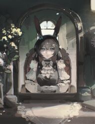 1girl absurdres alternate_costume amiya_(arknights) animal_ears arknights black_hair blue_eyes chair closed_mouth dress expressionless hair_between_eyes hair_ornament hairclip highres indoors jiuxiaoshi long_hair long_sleeves looking_at_mirror looking_at_viewer mirror on_chair own_hands_together puffy_sleeves rabbit_ears rabbit_girl sitting solo twintails upper_body white_dress