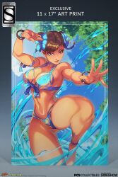 1girl alternate_costume armpits bikini blue_bikini bracelet breasts brown_eyes brown_hair capcom chun-li edwin_huang english_text hair_bun has_a_figure jewelry large_breasts navel one_leg_raised promotional_art ribbon street_fighter swimsuit water