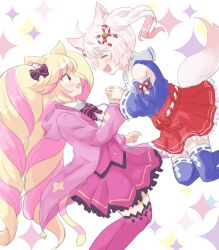 Rule 34 | 2girls, ^ ^, ahoge, animal ears, bell, black bow, black bowtie, blonde hair, blue shirt, blue thighhighs, bow, bowtie, cat ears, cat girl, cat tail, closed eyes, detached sleeves, fang, feet out of frame, fox ears, fox girl, fox tail, frilled skirt, frills, from side, hair bell, hair bow, hair ornament, highres, holding hands, hood, hood down, hooded jacket, howan (show by rock!!), jacket, jumping, long hair, mashima himeko (show by rock!!), multicolored hair, multiple girls, open clothes, open jacket, open mouth, pink hair, pink jacket, pink skirt, pink thighhighs, profile, red eyes, red skirt, sangria (sangria69), shirt, short hair, show by rock!!, side ponytail, skirt, smile, tail, thighhighs, two-tone hair