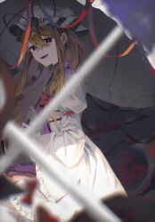Rule 34 | 1girl, blonde hair, dress, from side, gap (touhou), gloves, hair between eyes, hair ribbon, hat, highres, holding, holding umbrella, long sleeves, looking at viewer, mob cap, open mouth, osakana, purple eyes, purple tabard, ribbon, smile, solo, tabard, touhou, umbrella, white dress, white gloves, yakumo yukari