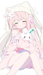1girl :3 absurdres animal_hat beanie blush borrowed_character closed_eyes commentary_request commission facing_viewer feet_out_of_frame hat highres holding holding_stuffed_toy long_hair long_sleeves original pink_hair pink_sweater rabbit_hat shirt simple_background single_bare_shoulder sitting skeb_commission smile solo stuffed_animal stuffed_rabbit stuffed_toy sweater urotsuki_(ku9625) white_background white_hat white_shirt