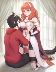 1boy 1girl armor bad_tag bed bedroom blush boobplate boots breastplate breasts cape celica_(fire_emblem) commission commissioner_upload earrings fingerless_gloves fire_emblem fire_emblem_echoes:_shadows_of_valentia flustered gloves grabbing_another&#039;s_breast groping groping_breast guided_breast_grab guiding_hand hairband highres jewelry kiss kissing_breast kneeling lesu medium_breasts medium_hair nintendo orange_eyes orange_hair skirt smile sweatdrop thighhighs thighs