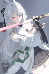 Rule 34 | absurdres, animal ears, bare shoulders, black gloves, black skirt, blush, closed mouth, detached sleeves, fingerless gloves, gloves, highres, holding, holding sword, holding weapon, japanese clothes, katana, kimono, kurochomo, long hair, looking at viewer, maplestory, pleated skirt, ponytail, rabbit ears, rabbit girl, red eyes, skirt, sword, thighhighs, usagi (kokuchou no psychedelica), weapon, white hair, white kimono, white thighhighs