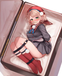 1girl arms_behind_back beret black_shirt black_skirt blush bound bound_ankles bound_legs bound_wrists box braid briefcase brown_hair commentary_request crown_braid festa11307070 from_side gag green_eyes hair_ornament hair_rings hat improvised_gag in_box in_container indie_virtual_youtuber kneehighs nose_blush o-ring paid_reward_available pom_pom_(clothes) pom_pom_hair_ornament red_hat red_sailor_collar red_socks restrained sailor_collar shigure_ui_(vtuber) shigure_ui_(vtuber)_(1st_costume) shirt short_hair signature skirt socks soles solo striped_clothes striped_shirt striped_skirt tape tape_gag thighs v-shaped_eyebrows variant_set vertical-striped_clothes vertical-striped_shirt vertical-striped_skirt virtual_youtuber white_shirt