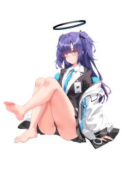 Rule 34 | absurdres, arms at sides, ass, bad id, bad pixiv id, barefoot, belt, black halo, black jacket, black panties, black skirt, blue archive, blue necktie, blush, closed mouth, collared shirt, hair ornament, halo, highres, id card, jacket, long hair, miniskirt, necktie, off shoulder, panties, purple eyes, purple hair, shirt, short twintails, simple background, sitting, skirt, smile, suit jacket, theory (oortcloud1111), thick thighs, thighs, twintails, underwear, white background, white belt, white shirt, yuuka (blue archive)