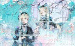 Rule 34 | 1boy, 1girl, animal collar, animal ear fluff, animal ears, beret, black collar, black hanfu, black hat, black robe, blonde hair, blue background, blue hanfu, butterfly on ear, cat boy, cat ears, cat girl, check copyright, cherry blossoms, chinese clothes, closed mouth, collar, commission, copyright request, cross, cross print, cup, dagongren baozai, expressionless, eyelashes, flower, frilled sleeves, frills, giving food, glasses, grey shirt, hair between eyes, hair flowing over, hand on own chest, hanfu, hat, highres, holding, holding cup, lattice, layered sleeves, long hair, long sleeves, looking at another, low twintails, monarch butterfly, original, puffy long sleeves, puffy sleeves, robe, round eyewear, round window, sample watermark, shirt, short hair, spring (season), steam, too many watermarks, tree, turtleneck, turtleneck shirt, twintails, upper body, very long hair, watermark, weibo watermark, white flower, window, xiaohongshu watermark, yellow eyes, yunomi