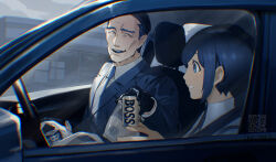 1boy 1girl black_gloves blazer blue_eyes blue_hair blue_necktie blue_theme can car car_interior collared_shirt commentary_request drink_can fukurai_azami gloves highres holding holding_can jacket long_sleeves looking_at_another motor_vehicle necktie open_mouth saida_(ohda_ooda) shirt short_hair smile tomiiri_junzo toshi_densetsu_kaitai_center upper_body white_shirt