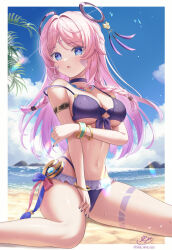 1girl :d arm_under_breasts beach bikini blue_eyes blue_sky border breasts choker citlali_(genshin_impact) commentary_request facial_mark feet_out_of_frame floating_headgear genshin_impact headgear highres long_hair medium_breasts navel ocean open_mouth outdoors pink_hair purple_bikini purple_choker signature sky smile sola_num_5130 solo stomach swimsuit thighs triangle triangle_facial_mark twitter_username underboob white_border