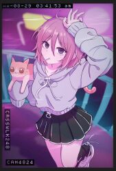 1girl animal animal_on_hand black_dress black_eyes black_socks cat colored_inner_hair dress grey_hoodie hand_on_own_head highres hihi_(cvwv4322) hood hood_down hoodie loose_socks multicolored_hair nira-chan pink_hair sleeves_past_wrists socks standing standing_on_one_leg streaked_hair white_footwear zutto_mayonaka_de_ii_no_ni