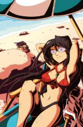 Rule 34 | 1boy, 1girl, absurdres, beach, beach chair, between breasts, bikini, bikini top only, black-framed eyewear, black hair, breasts, brendon tapper, buried, cleavage, day, front-tie bikini top, front-tie top, glasses, highres, jewelry, justice gakuen, large breasts, long hair, minazuki kyouko, navel, ocean, pendant, reclining, red bikini, rimless eyewear, sand, shimazu hideo, shiritsu justice gakuen, smile, swimsuit