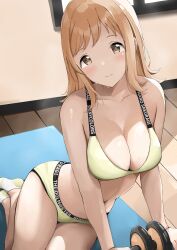 1girl ankle_socks bra breasts cleavage green_bra green_panties highres idolmaster idolmaster_shiny_colors indoors large_breasts navel panties sakuragi_mano socks sports_bra sweat tukikataumemo underwear yoga_mat