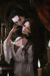2girls black_eyeshadow black_gloves black_hair breasts brown_hair candle christine_daae cleavage commentary couple curly_hair curtains dress english_commentary erik_(phantom_of_the_opera) eyeshadow genderswap genderswap_(mtf) gloves half-closed_eyes half_mask hand_on_another&#039;s_cheek hand_on_another&#039;s_face hand_on_own_face hand_up highres instrument light_smile long_hair looking_down makeup mask mirror multiple_girls parted_lips phantom_of_the_opera piano ringlets seapall standing upper_body white_dress white_mask wide_sleeves yuri