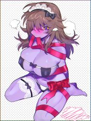 1girl aegyo_sal arms_behind_back barefoot bdsm black_border black_bow black_bra black_hairband black_panties blush bondage border bound bound_arms bow bow_hairband bra breasts brown_hair chromatic_aberration colored_sclera colored_skin commentary_request covered_erect_nipples deltarune freckles from_above full_body furry furry_female hair_over_one_eye hairband highres lace-trimmed_hairband lace_trim large_breasts long_hair looking_at_viewer mouth_hold nose_blush one_eye_covered panties parted_lips polka_dot polka_dot_background purple_eyes purple_skin red_bow red_ribbon reptile_girl ribbon ribbon_in_mouth se_(hanahide) shoulder_freckles sitting skindentation solo squiggle strapless strapless_bra susie_(deltarune) sweatdrop thigh_strap underwear v-shaped_eyebrows wariza white_background yellow_sclera yellow_teeth