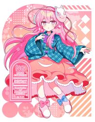 Rule 34 | 1girl, :o, blue bow, blue shirt, blush, boots, bow, bowtie, bright pupils, collared shirt, commentary, commission, footwear bow, fox mask, frilled skirt, frills, full body, hata no kokoro, highres, long hair, long sleeves, looking at viewer, mask, mask on head, open mouth, orange background, orange skirt, pink eyes, pink hair, plaid clothes, plaid shirt, purple bow, purple bowtie, red bow, shirocha tei, shirt, skeb commission, skirt, solo, touhou, twitter username, watermark, white boots, white pupils, wide sleeves