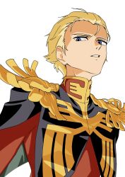 Rule 34 | 1boy, blonde hair, blue eyes, char aznable, commentary request, epaulettes, glaring, gundam, gundam gquuuuuux, highres, jacket, looking at viewer, male focus, military, military uniform, open mouth, red jacket, short hair, simple background, solo, upper body, white background, yy shibata, zeon